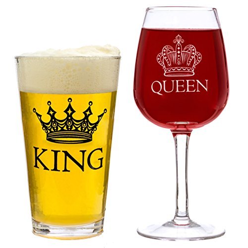 King Beer & Queen Wine Glass Set | Beautiful Gift for Newlyweds, Engagements, Anniversaries, Weddings, Parents, Couples, Christmas - Novelty Drinking Glassware (King Beer & Queen Wine Glass Set) - The Beer Connoisseur® Store