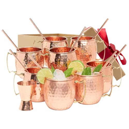 Kitchen Science [Gift Set] Moscow Mule Copper Mugs Set of 8 (16oz) w/ Straws & Jigger | 100% Pure Copper Cups, Tarnish-Resistant Food Grade Lacquered Finish, Ergonomic Handle (No Rivet) w/ Solid Grip - The Beer Connoisseur® Store