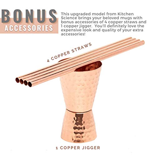 Kitchen Science Moscow Mule Copper Mugs Set of 4 (16oz) w/ 4 Straws & 1 Jigger | 100% Pure Copper Cups, Tarnish-Resistant, Ergonomic Handle (No Rivet) w/ Solid Grip (1 - Set of 4) - The Beer Connoisseur® Store