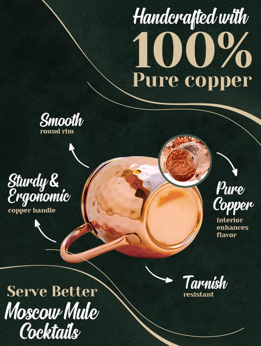 Kitchen Science Moscow Mule Copper Mugs Set of 6 (16oz) | Food Grade 100% Pure Copper Cups | Handcrafted w/ Lacquered Hammered Finish, Smooth Rounded Lip, Ergonomic Handle (No Rivet) w/ Solid Grip - The Beer Connoisseur® Store