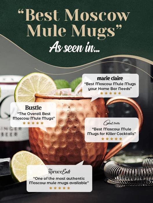 Kitchen Science Moscow Mule Copper Mugs Set of 6 (16oz) | Food Grade 100% Pure Copper Cups | Handcrafted w/ Lacquered Hammered Finish, Smooth Rounded Lip, Ergonomic Handle (No Rivet) w/ Solid Grip - The Beer Connoisseur® Store