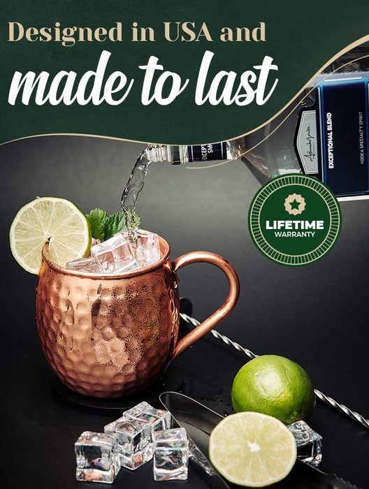 Kitchen Science Moscow Mule Copper Mugs Set of 8 (16oz) | Food Grade 100% Pure Copper Cups | Handcrafted w/ Lacquered Hammered Finish, Smooth Rounded Lip, Ergonomic Handle (No Rivet) w/ Solid Grip - The Beer Connoisseur® Store