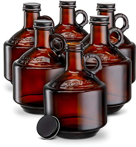 KooK Amber Glass Bottles, Growlers, with Black Plastisol Lined Lids, Beer, Soda, Cider, Kombucha, Set of 6, 32oz, - The Beer Connoisseur® Store