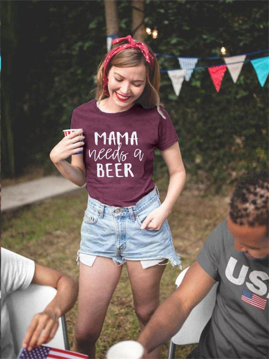 Mama Needs A Beer Letter Funny T-Shirt Women O-Neck Short Sleeve Blouse Size L (Red) - The Beer Connoisseur® Store