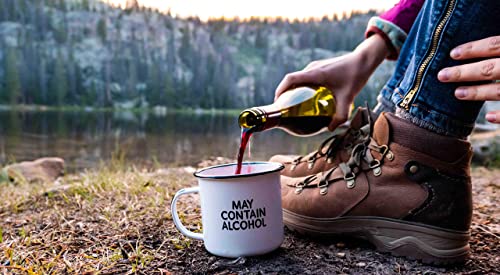 MAY CONTAIN ALCOHOL | Enamel"Coffee" Mug | Sarcastic Gift for Vodka, Gin, Bourbon, Wine and Beer Lovers | Great Office or Camping Cup for Dads, Moms, Campers, Tailgaters, Drinkers, and Travelers - The Beer Connoisseur® Store