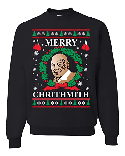 Merry Chrithmith Mike Tyson Ugly Christmas Sweater Unisex Crewneck Graphic Sweatshirt, Black, X-Large - The Beer Connoisseur® Store
