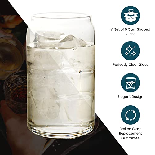 Modvera 16oz Can Shaped Glass Cups, 6 Pack Cups for Kitchen, Stylish Beer Can Glass, Soda Glassware Set, Iced Coffee Glasses, Tumbler Glasses for Drinking, Glass Cans for Wine, Whiskey & Iced Tea - The Beer Connoisseur® Store