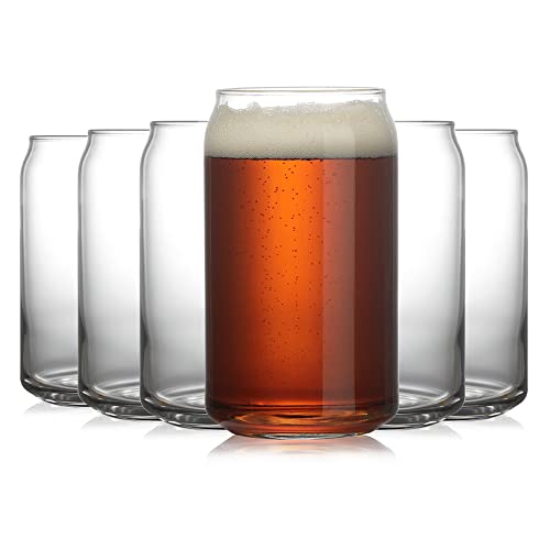 Modvera 16oz Can Shaped Glass Cups, 6 Pack Cups for Kitchen, Stylish Beer Can Glass, Soda Glassware Set, Iced Coffee Glasses, Tumbler Glasses for Drinking, Glass Cans for Wine, Whiskey & Iced Tea - The Beer Connoisseur® Store