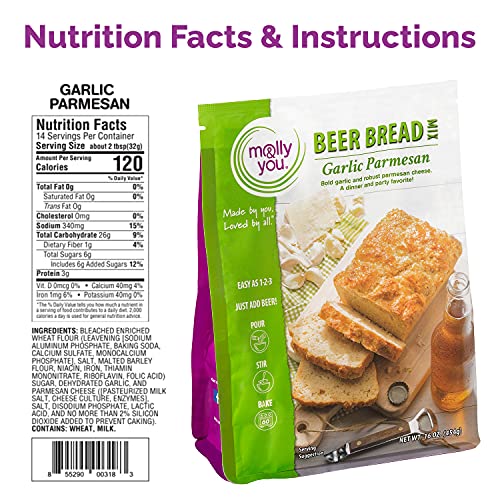 Molly & You Garlic Parmesan Beer Bread Mix (Pack of 1) - Gourmet, Artisan Bread Kit - No Bread Machine Needed - Just Add Beer or Soda - The Beer Connoisseur® Store