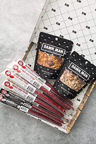 Nuts and Beef Jerky Gift Basket for Men, 12 Items – 10 Beef Sticks and 2 Unique Nut Flavors – Small Batch Gourmet Nuts Gift Basket with Jerky is Great Valentines Day Gift for Him - The Beer Connoisseur® Store