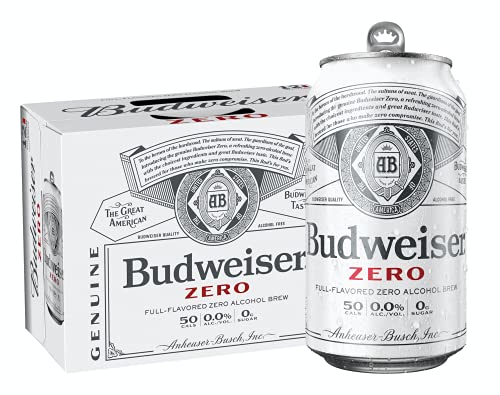 Orchard Hill [Pack of 12] Budweiser Full Flavored Zero Alcohol Brew, 0.00 ALC, NA Non-Alcoholic Beer, 50 Cal, Zero Sugar, Cans, 12 Fl Oz (Pack of 12) - The Beer Connoisseur® Store