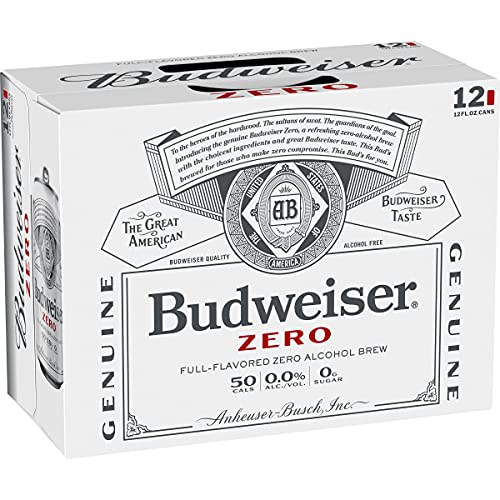 Orchard Hill [Pack of 12] Budweiser Full Flavored Zero Alcohol Brew, 0.00 ALC, NA Non-Alcoholic Beer, 50 Cal, Zero Sugar, Cans, 12 Fl Oz (Pack of 12) - The Beer Connoisseur® Store