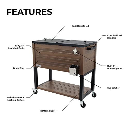 Permasteel 80-Quart Outdoor Patio Cooler with Wheels | Beverage Rolling Cooler for Backyard Deck, PS-A205-80QT-BR, Wood Grain Accent, Brown - The Beer Connoisseur® Store