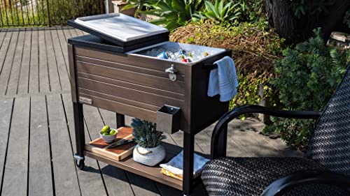 Permasteel 80-Quart Outdoor Patio Cooler with Wheels | Beverage Rolling Cooler for Backyard Deck, PS-A205-80QT-BR, Wood Grain Accent, Brown - The Beer Connoisseur® Store
