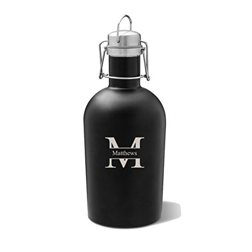 Personalized Beer Growler (Black Matte, Stamped Design), 64 oz Stainless Steel Single Wall Bottle Ideal for Camping, Travel - Unique Wedding Groomsmen Gift - The Beer Connoisseur® Store
