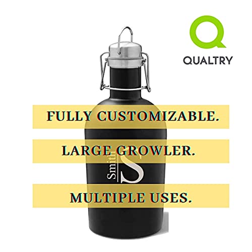 Personalized Beer Growler (Black Matte, Stamped Design), 64 oz Stainless Steel Single Wall Bottle Ideal for Camping, Travel - Unique Wedding Groomsmen Gift - The Beer Connoisseur® Store