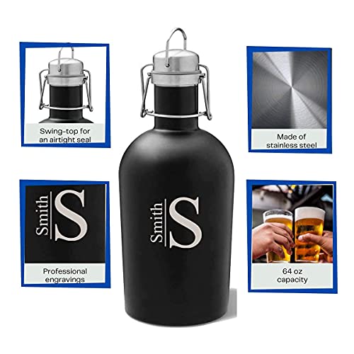 Personalized Beer Growler (Black Matte, Stamped Design), 64 oz Stainless Steel Single Wall Bottle Ideal for Camping, Travel - Unique Wedding Groomsmen Gift - The Beer Connoisseur® Store