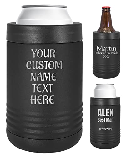 Personalized Stainless Steel Engraved Insulated Beverage Holder Customized Can Cooler with Custom Name Text – Wedding, Birthday, Corporate Gift (Black, Standard) - The Beer Connoisseur® Store