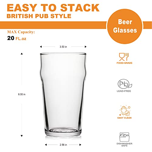 Pint Glasses,20oz British Beer Glass,Classics Craft Beer Glasses,Premium Beer Glasses Tumbler Set of 4, Pub Beer Glasses,Unique Design Beer Glasses Easy Stacking in The Cupboard - The Beer Connoisseur® Store