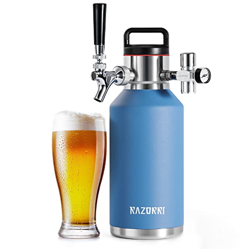 Razorri 64oz Stainless Steel Beer Growler, Double-Wall Vacuum Insulated Carbonated Keg with Professional Bar Tap and Pressurized CO2 Regulator, 0.5 Gallon, Ocean Blue - The Beer Connoisseur® Store