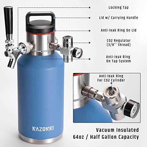 Razorri 64oz Stainless Steel Beer Growler, Double-Wall Vacuum Insulated Carbonated Keg with Professional Bar Tap and Pressurized CO2 Regulator, 0.5 Gallon, Ocean Blue - The Beer Connoisseur® Store