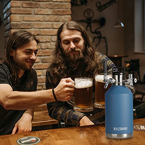 Razorri 64oz Stainless Steel Beer Growler, Double-Wall Vacuum Insulated Carbonated Keg with Professional Bar Tap and Pressurized CO2 Regulator, 0.5 Gallon, Ocean Blue - The Beer Connoisseur® Store