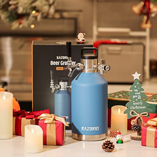Razorri 64oz Stainless Steel Beer Growler, Double-Wall Vacuum Insulated Carbonated Keg with Professional Bar Tap and Pressurized CO2 Regulator, 0.5 Gallon, Ocean Blue - The Beer Connoisseur® Store