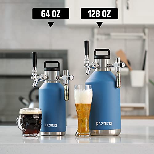 Razorri 64oz Stainless Steel Beer Growler, Double-Wall Vacuum Insulated Carbonated Keg with Professional Bar Tap and Pressurized CO2 Regulator, 0.5 Gallon, Ocean Blue - The Beer Connoisseur® Store