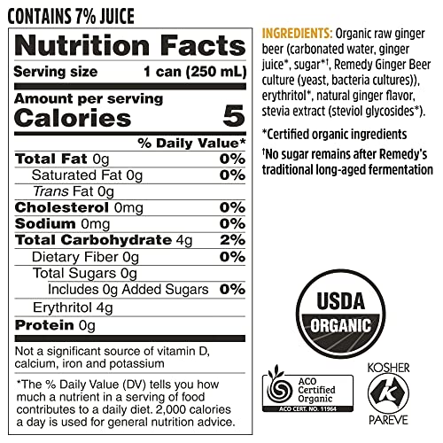 Remedy Ginger Beer - Sugar Free, USDA Organic & Low Calorie Mixer Drink - Non Alcoholic & Made With Real Ginger - 8.5 Fl Oz Can, 12-Pack - The Beer Connoisseur® Store