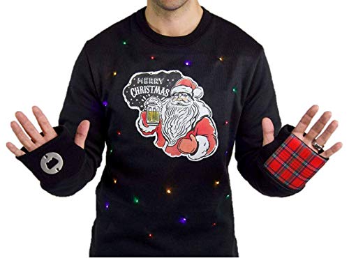 Santa Claus Ugly Christmas Sweater with Lights for Men, Bottle Opener & Cooler Funny Santa Tacky Sweater Light Up, Black Xmas Pullover Small - 3XL - The Beer Connoisseur® Store