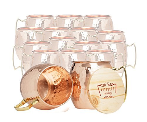 Set of 16 Advanced Mixology Moscow Mule 100% Pure Copper Mugs - 16 Ounce with 16 Artisan Hand Crafted Wooden Coasters - Barrel With Brass Handle - The Beer Connoisseur® Store