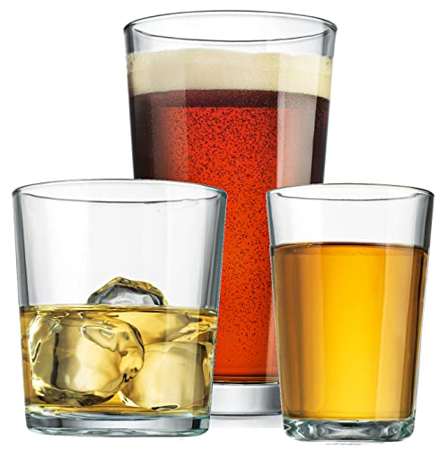 Set of 18 Sleek and Durable Drinking Glasses - Glassware Set Includes 6-17oz Highball Glasses, 6-13oz Rocks Glasses, 6-7oz Juice Glasses | Heavy Base Glass Cups for Water, Juice, Beer, & Cocktails. - The Beer Connoisseur® Store