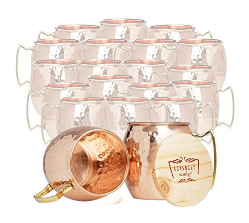 Set of 20 Advanced Mixology Moscow Mule 100% Pure Copper Mugs - 16 Ounce with 2 Artisan Hand Crafted Wooden Coasters - Barrel With Brass Handle - The Beer Connoisseur® Store