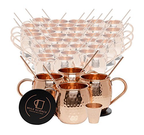Set of 40 Pure Copper Moscow Mule Mugs by Mule Science with BONUS: Cocktail Copper 40 Straws, 2 Shot glasses and 40 coasters! - The Beer Connoisseur® Store