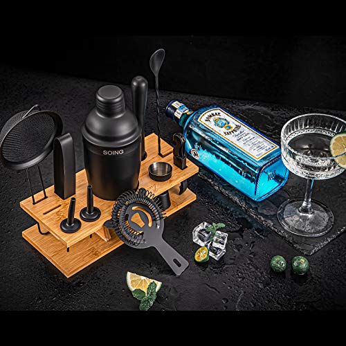 Soing 11-Piece Black Bartender Kit,Perfect Home Cocktail Shaker Set for Drink Mixing,Stainless Steel Bar Tools with Stand,Velvet Carry Bag & Cocktail Recipes Cards (Black) - The Beer Connoisseur® Store