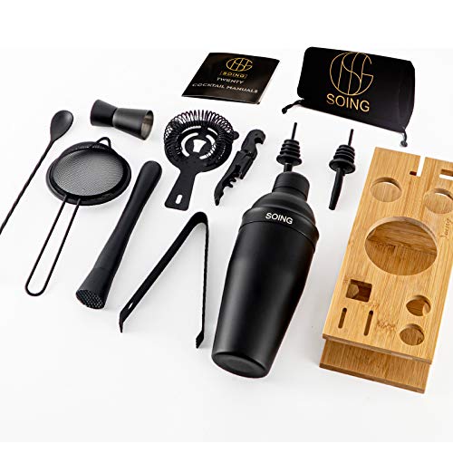 Soing 11-Piece Black Bartender Kit,Perfect Home Cocktail Shaker Set for Drink Mixing,Stainless Steel Bar Tools with Stand,Velvet Carry Bag & Cocktail Recipes Cards (Black) - The Beer Connoisseur® Store