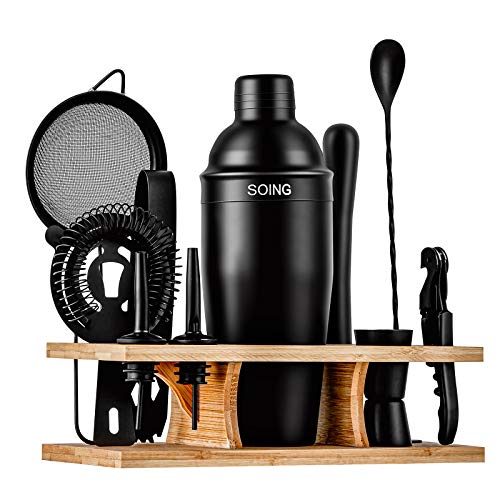 Soing 11-Piece Black Bartender Kit,Perfect Home Cocktail Shaker Set for Drink Mixing,Stainless Steel Bar Tools with Stand,Velvet Carry Bag & Cocktail Recipes Cards (Black) - The Beer Connoisseur® Store
