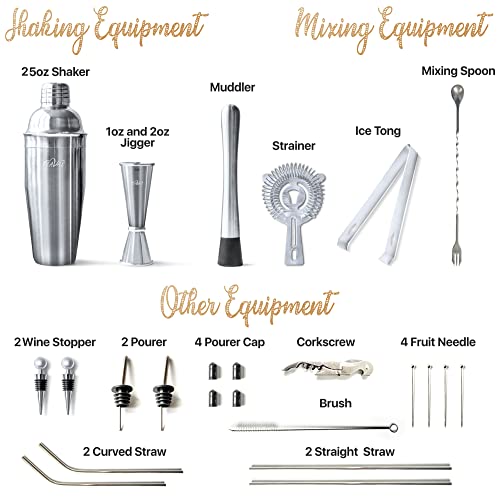 TEAVAS Mixology Bartender Kit with Bamboo Stand | 25-Piece Bar Essentials Set Comprising Stainless Steel Bar Tools | Sturdy Cocktail Shaker Set | Recipe Menu for Clubs, Lounge & Party | Barware Gift - The Beer Connoisseur® Store