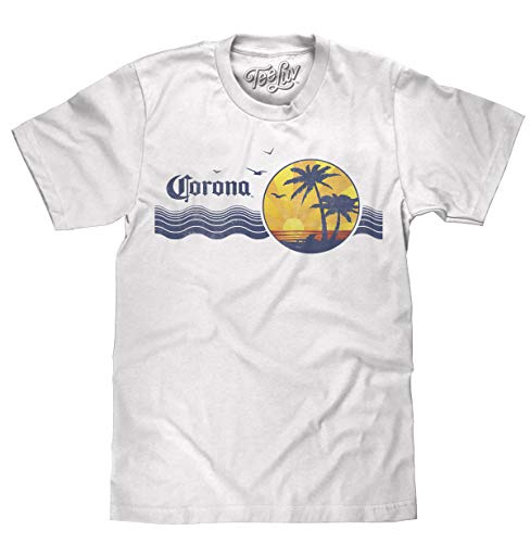 Tee Luv Corona Beer T-Shirt - Retro 80s Faded Palm Tree Shirt (White) (S) - The Beer Connoisseur® Store