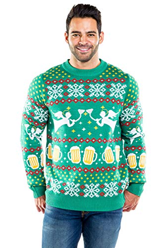 Tipsy Elves Men's Beer Bong Angel Christmas Sweater - Funny Ugly Christmas Sweater: Small Green - The Beer Connoisseur® Store