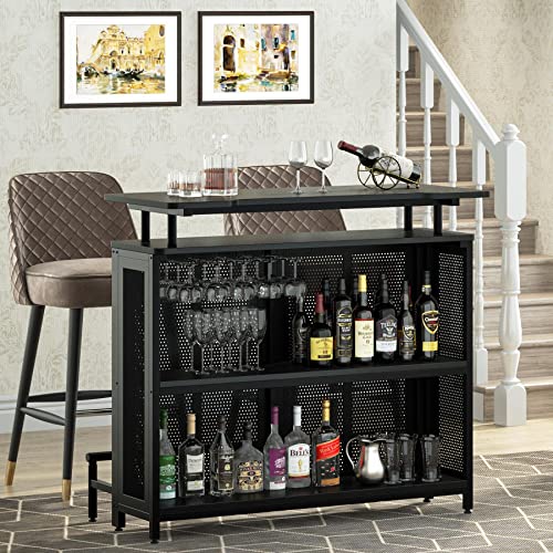 Tribesigns Home Bar Unit, 3 Tier Liquor Bar Table with Stemware Racks and Wine Storage Shelves, Wine Bar Cabinet Mini Bar for Home Kitchen Pub (Black) - The Beer Connoisseur® Store