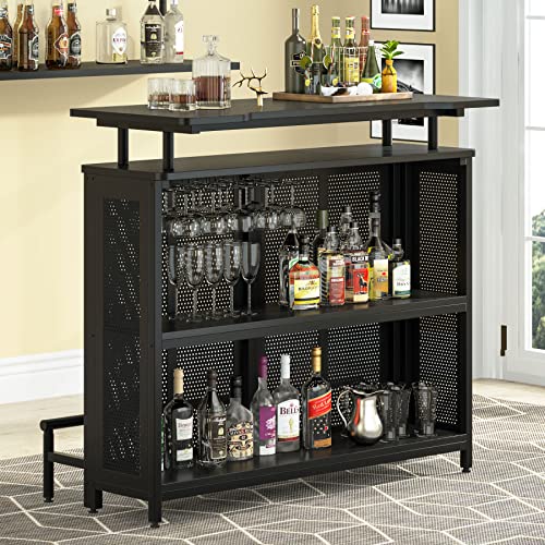 Tribesigns Home Bar Unit, 3 Tier Liquor Bar Table with Stemware Racks and Wine Storage Shelves, Wine Bar Cabinet Mini Bar for Home Kitchen Pub (Black) - The Beer Connoisseur® Store