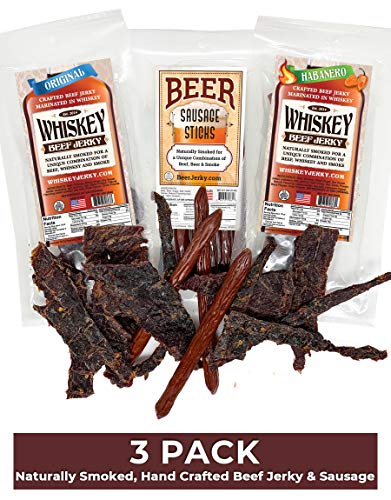 WhiskeyJerky.com, Beef Jerky and Sausage Sticks Marinated in Whiskey, Variety 3-Packs , Jerky Gifts for men (Orig & Habanero Whiskey Jerky / Beer Sausage) - The Beer Connoisseur® Store
