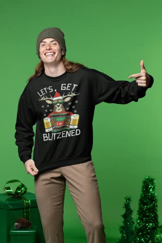 Wild Bobby Lets Get Blitzened Deer With Beer Christmas Unisex Crewneck Graphic Sweatshirt, Black, Medium - The Beer Connoisseur® Store