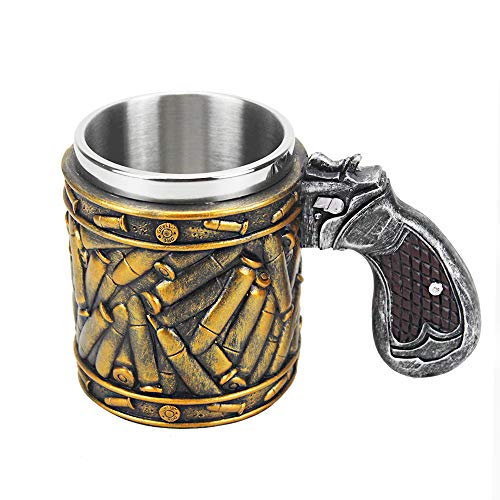 XuanAn Cool Revolver Pistol Handle Bullet Cup Beer Coffee Gun Shape Handle Mug with Ammo Bullet Round Shells Christmas Halloween Gifts, M (PJ893L) - The Beer Connoisseur® Store